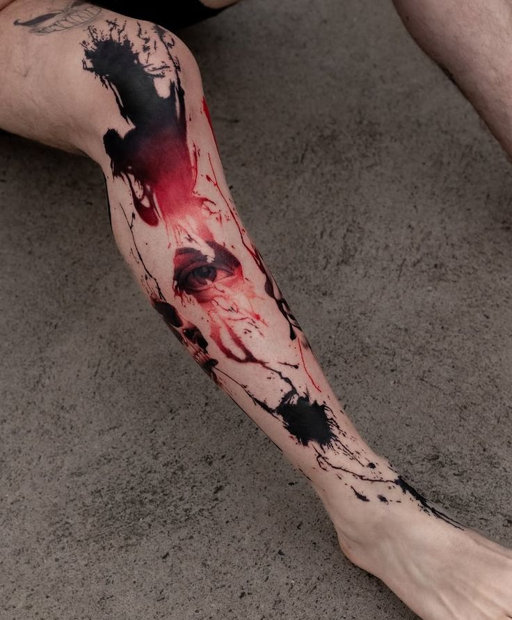 Dramatic Trash Polka Leg Tattoo