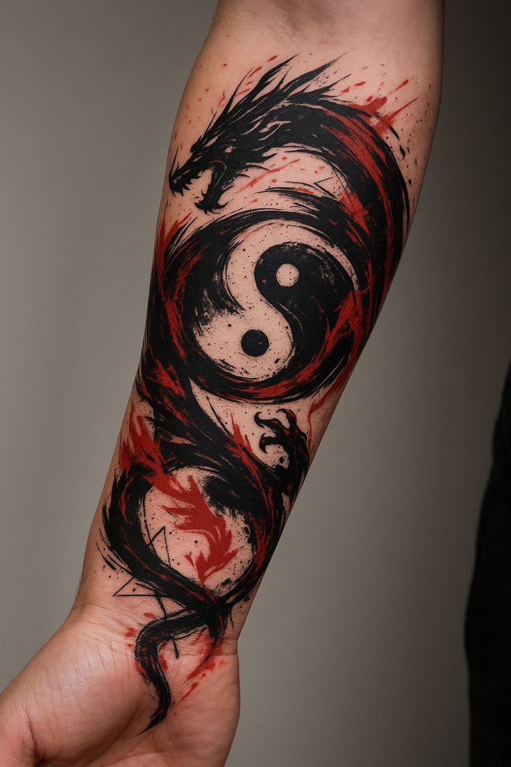 Dynamic Dragon Yin Yang Trash Polka Tattoo