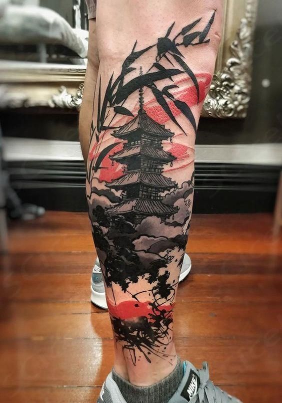 Bold Trash Polka Leg Tattoo with Red Accents