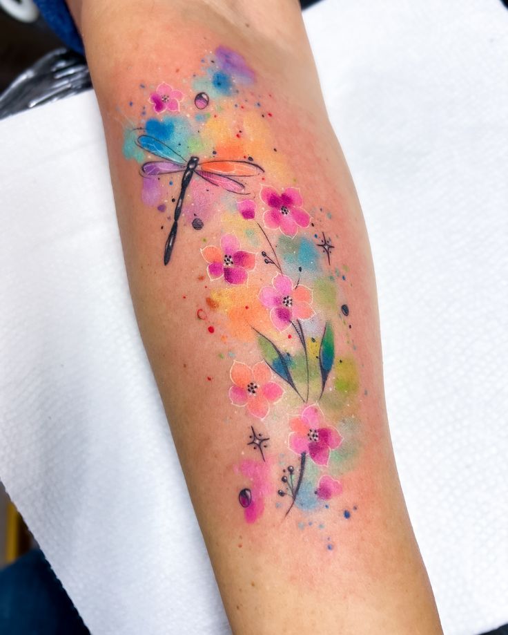 Vibrant Watercolor Floral Tattoo with Dragonfly