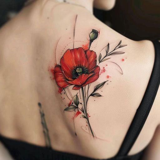 Vibrant Red Poppy Watercolor Tattoo