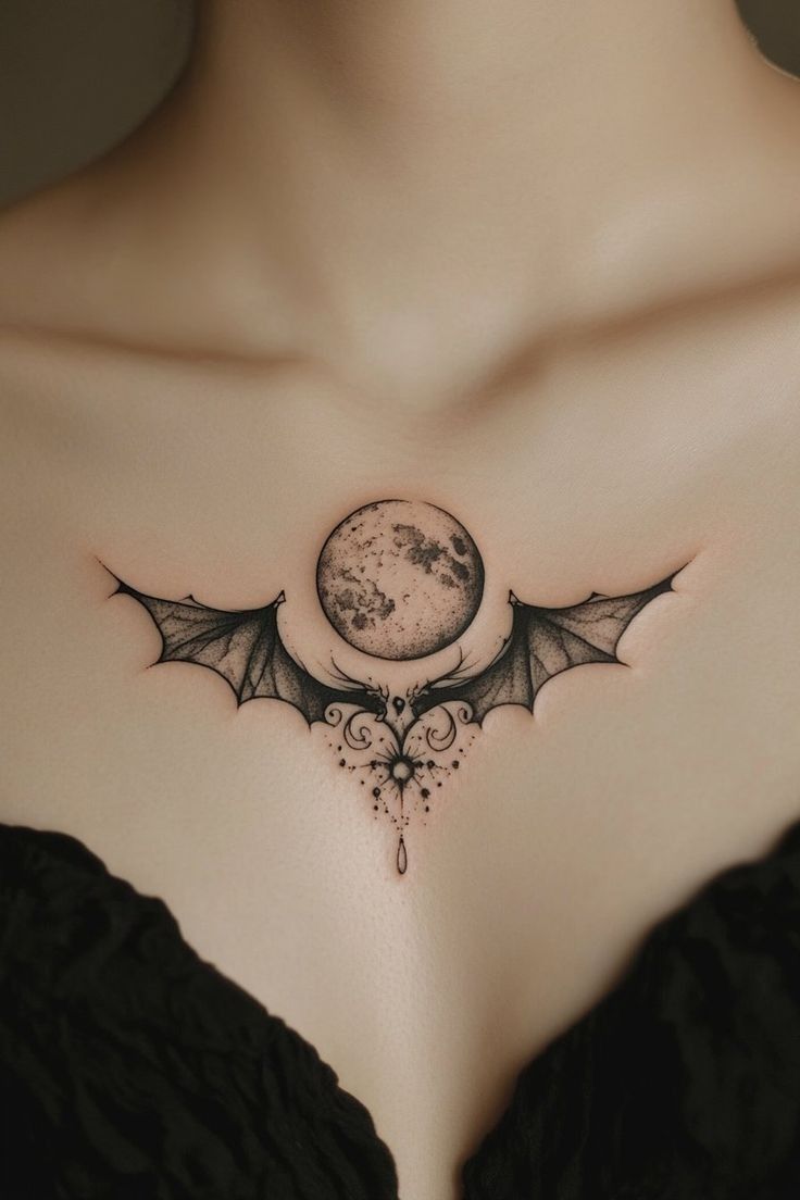 Elegant Watercolor Moon and Bat Tattoo